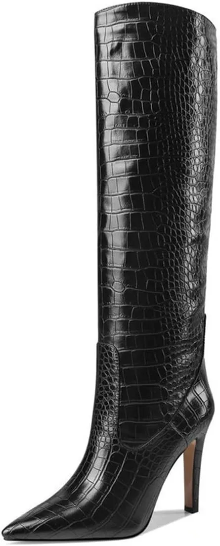 LEMUTISME Women's Classic Pointed Toe Stitchcraft Slouchy Wide Calf Slip On Elegant Stiletto High Heel Knee High Boots