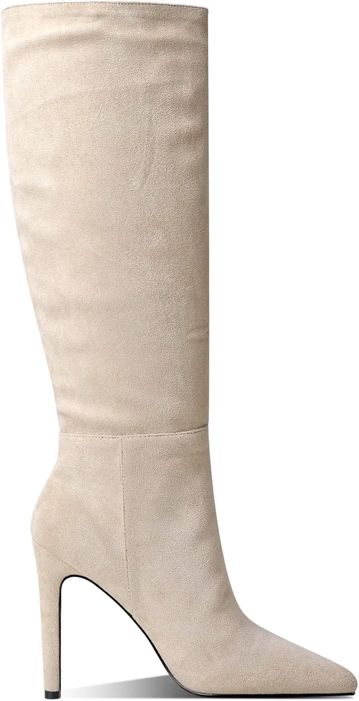 LEMUTISME Women's Classic Pointed Toe Stitchcraft Slouchy Wide Calf Slip On Elegant Stiletto High Heel Knee High Boots