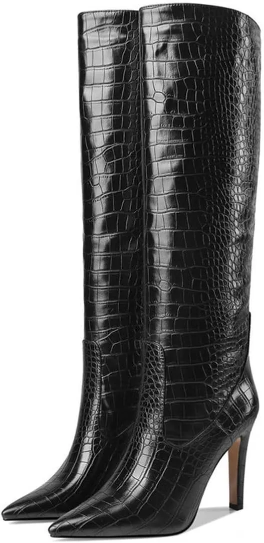 LEMUTISME Women's Classic Pointed Toe Stitchcraft Slouchy Wide Calf Slip On Elegant Stiletto High Heel Knee High Boots