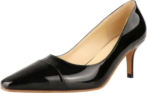 LEMUTISME Women's Fashion Patent Leather Square Cap Toe Elegant Two-Tone Slip On Low Kitten Heel Dress Pumps for Work Party Wedding