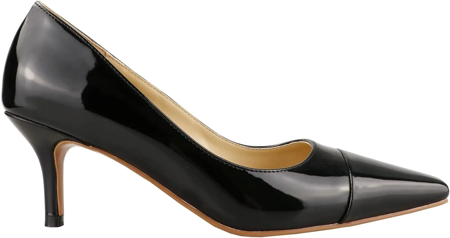 LEMUTISME Women's Fashion Patent Leather Square Cap Toe Elegant Two-Tone Slip On Low Kitten Heel Dress Pumps for Work Party Wedding
