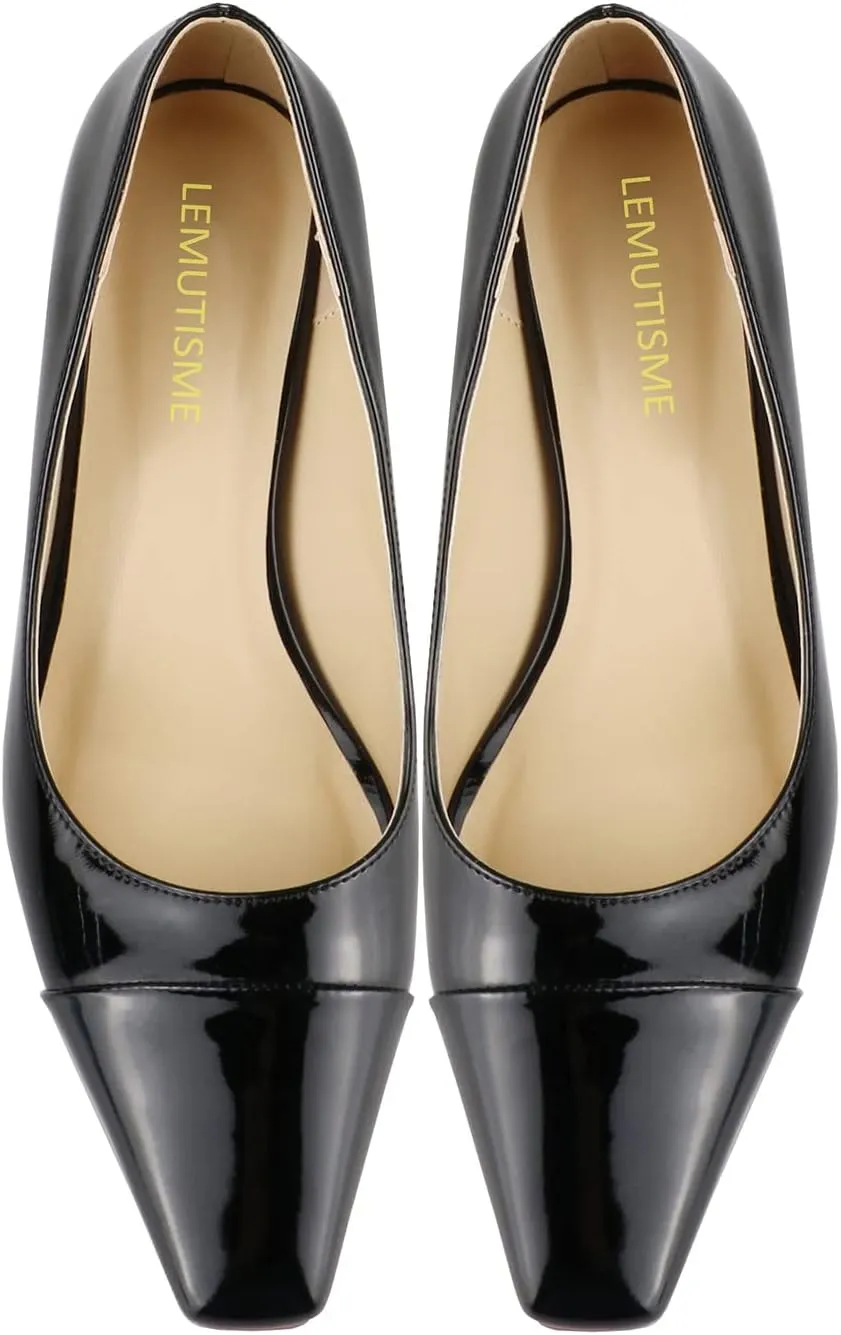 LEMUTISME Women's Fashion Patent Leather Square Cap Toe Elegant Two-Tone Slip On Low Kitten Heel Dress Pumps for Work Party Wedding