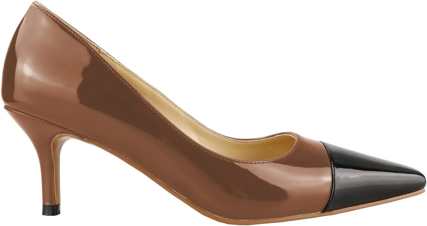 LEMUTISME Women's Fashion Patent Leather Square Cap Toe Elegant Two-Tone Slip On Low Kitten Heel Dress Pumps for Work Party Wedding