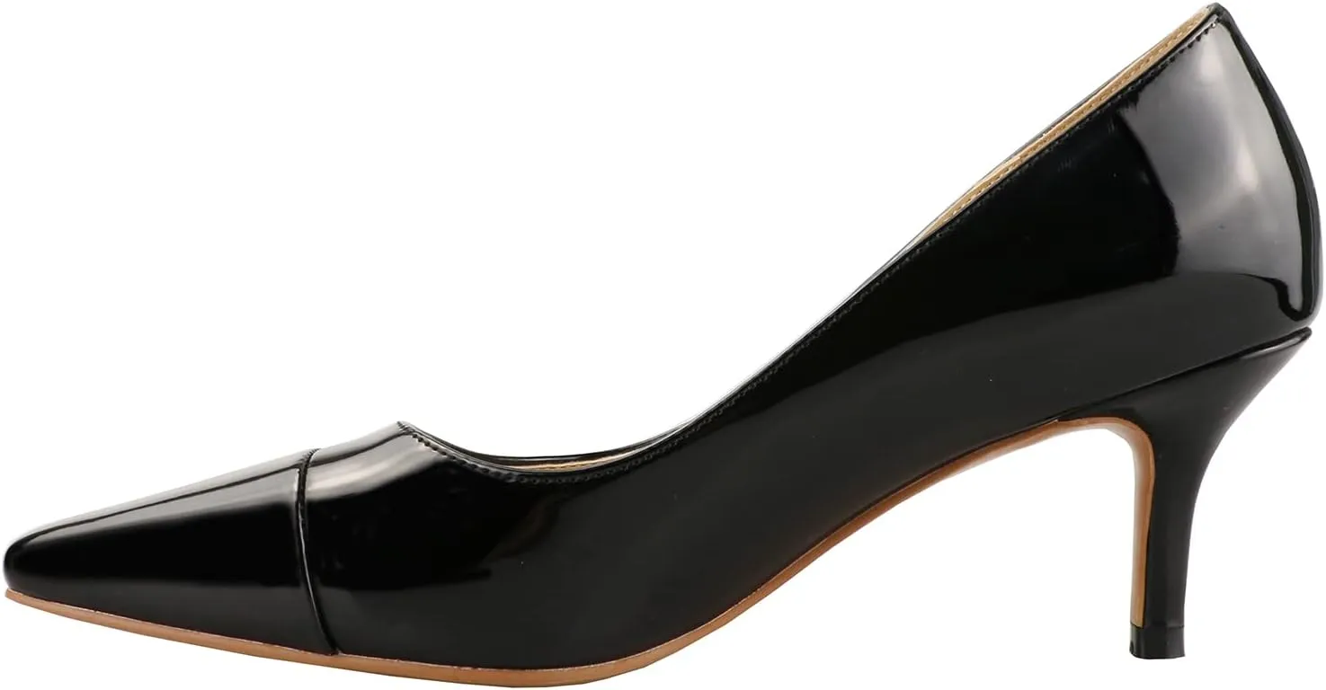 LEMUTISME Women's Fashion Patent Leather Square Cap Toe Elegant Two-Tone Slip On Low Kitten Heel Dress Pumps for Work Party Wedding