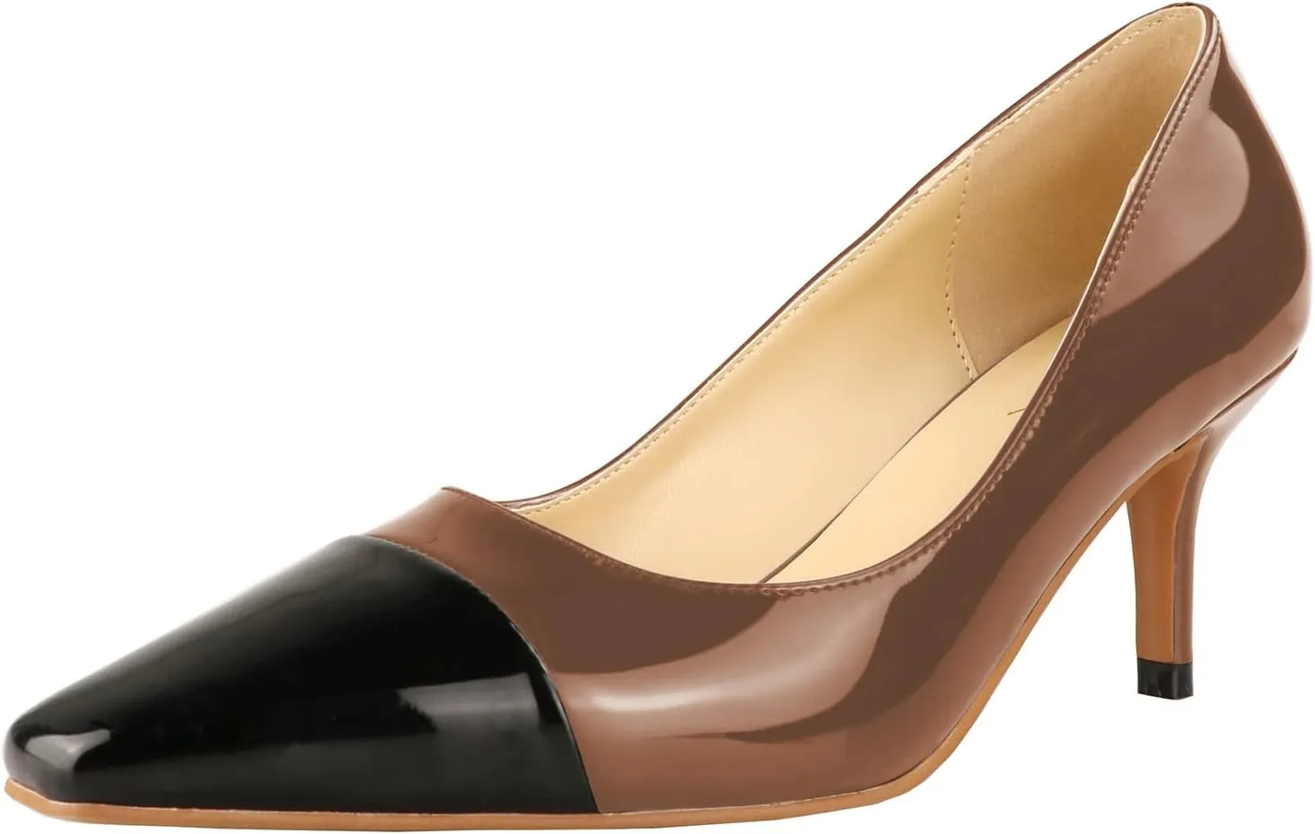 LEMUTISME Women's Fashion Patent Leather Square Cap Toe Elegant Two-Tone Slip On Low Kitten Heel Dress Pumps for Work Party Wedding