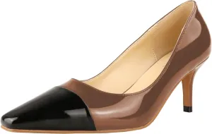 LEMUTISME Women's Fashion Patent Leather Square Cap Toe Elegant Two-Tone Slip On Low Kitten Heel Dress Pumps for Work Party Wedding