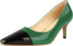 LEMUTISME Women's Fashion Patent Leather Square Cap Toe Elegant Two-Tone Slip On Low Kitten Heel Dress Pumps for Work Party Wedding