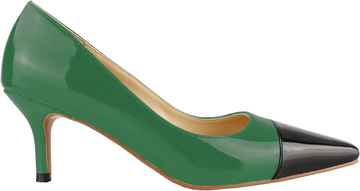 LEMUTISME Women's Fashion Patent Leather Square Cap Toe Elegant Two-Tone Slip On Low Kitten Heel Dress Pumps for Work Party Wedding
