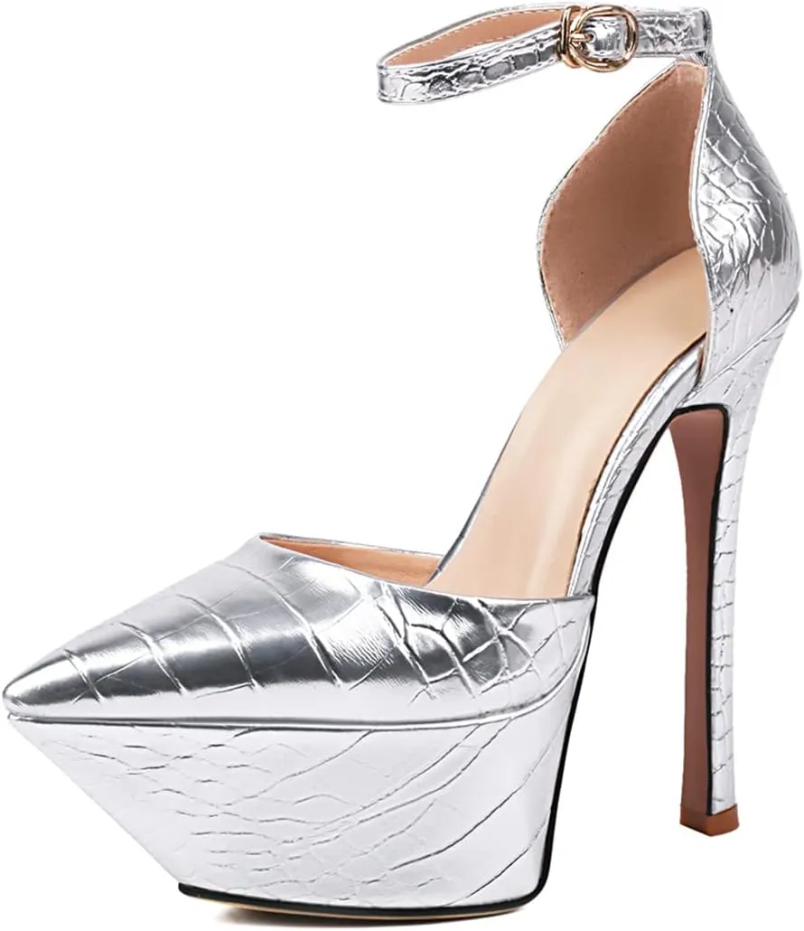 LEMUTISME Women's Sexy Closed Pointed Toe Ankle Strap Platform Stiletto Dress Pumps Chic Crocodile Printed Cut-out High Heels Party Club Shoes
