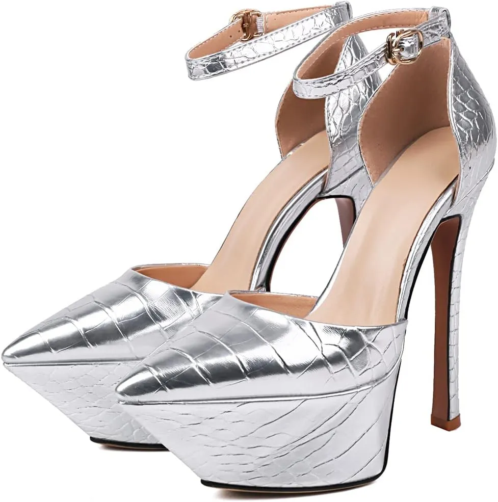 LEMUTISME Women's Sexy Closed Pointed Toe Ankle Strap Platform Stiletto Dress Pumps Chic Crocodile Printed Cut-out High Heels Party Club Shoes