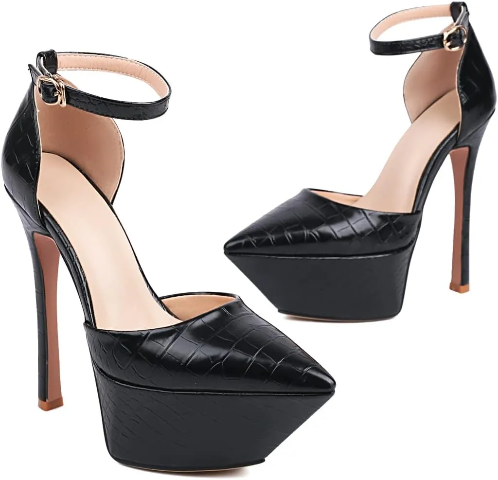 LEMUTISME Women's Sexy Closed Pointed Toe Ankle Strap Platform Stiletto Dress Pumps Chic Crocodile Printed Cut-out High Heels Party Club Shoes