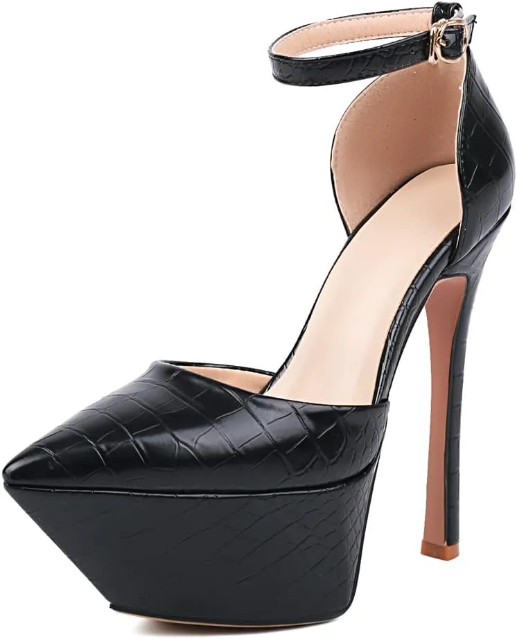 LEMUTISME Women's Sexy Closed Pointed Toe Ankle Strap Platform Stiletto Dress Pumps Chic Crocodile Printed Cut-out High Heels Party Club Shoes