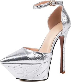 LEMUTISME Women's Sexy Closed Pointed Toe Ankle Strap Platform Stiletto Dress Pumps Chic Crocodile Printed Cut-out High Heels Party Club Shoes