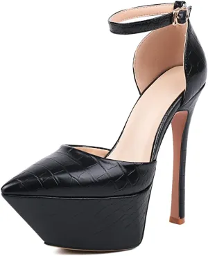LEMUTISME Women's Sexy Closed Pointed Toe Ankle Strap Platform Stiletto Dress Pumps Chic Crocodile Printed Cut-out High Heels Party Club Shoes