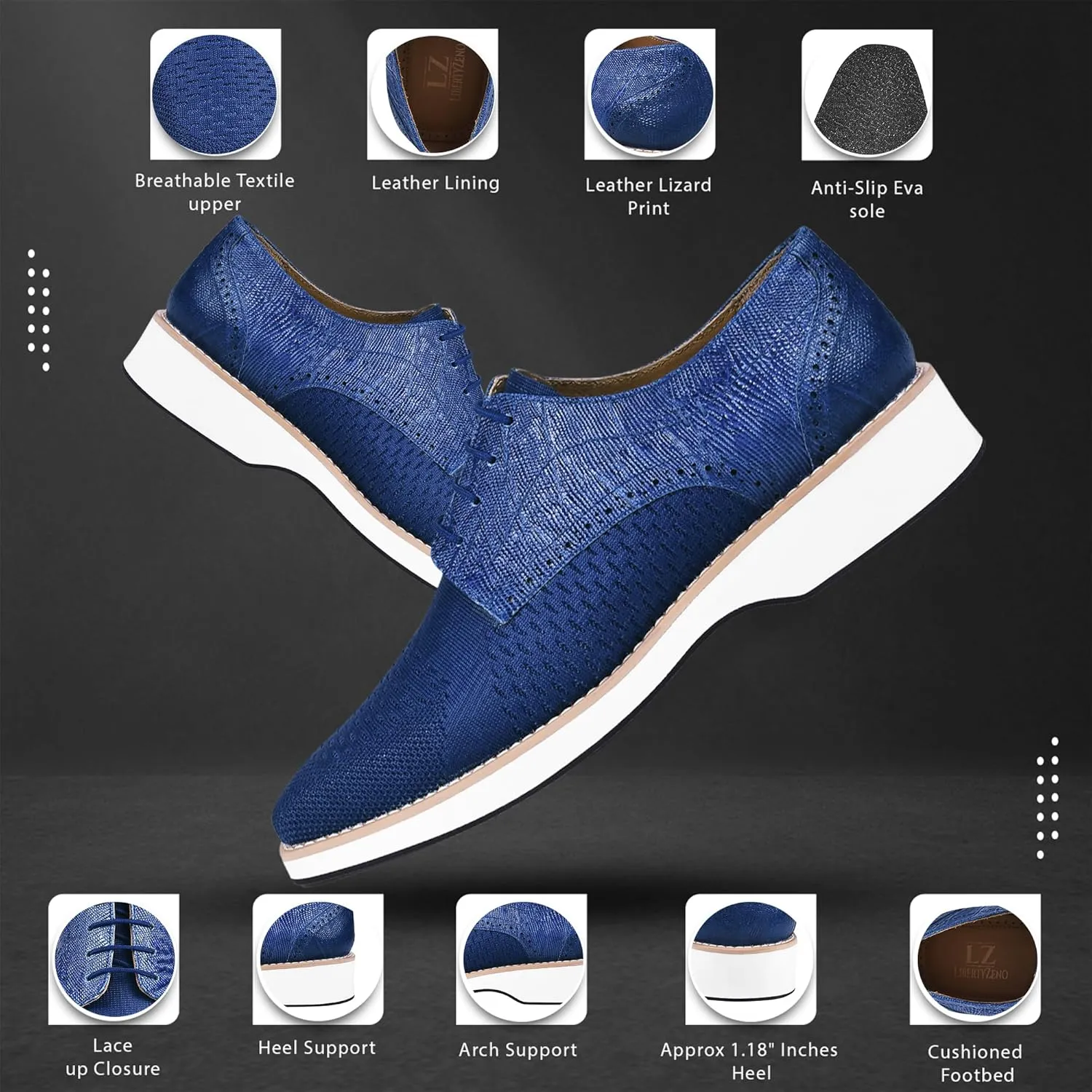 LIBERTYZENO Mens Textile and Lizard Print Genuine Leather Adults Lace Up Casual and Party Dress Shoes for Prom Graduation