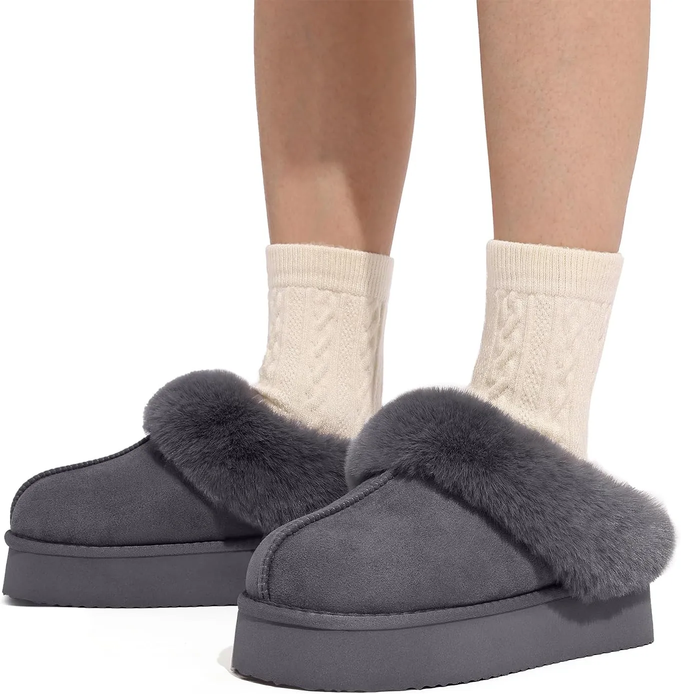 Litfun Fuzzy Platform Slippers for Women Comfy Winter House Shoes with Memory Foam Indoor Outdoor