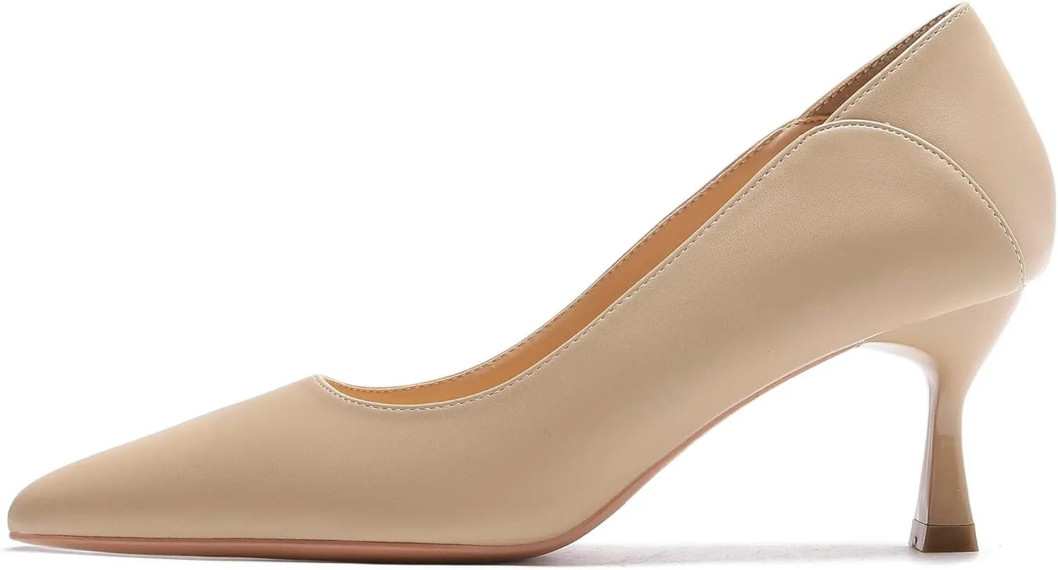 LizFoYa Women's Pointed Toe Leather Slip On 2 Inch Kitten Low Heel Pumps Office Work Dress Foldable Shoes