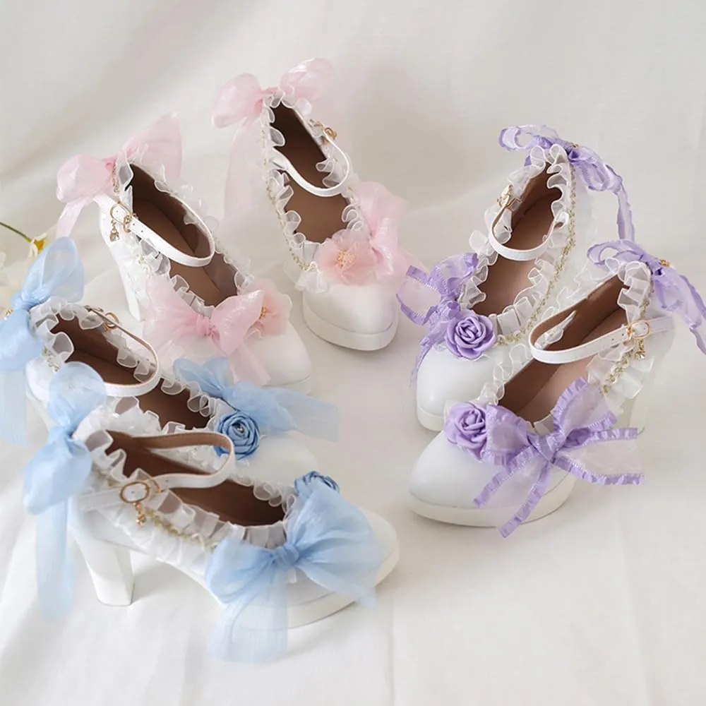 Lolita high heels lace bow high heels Elegant pointed sandals Bold heel Heel height 6cm (4.5, Purple)