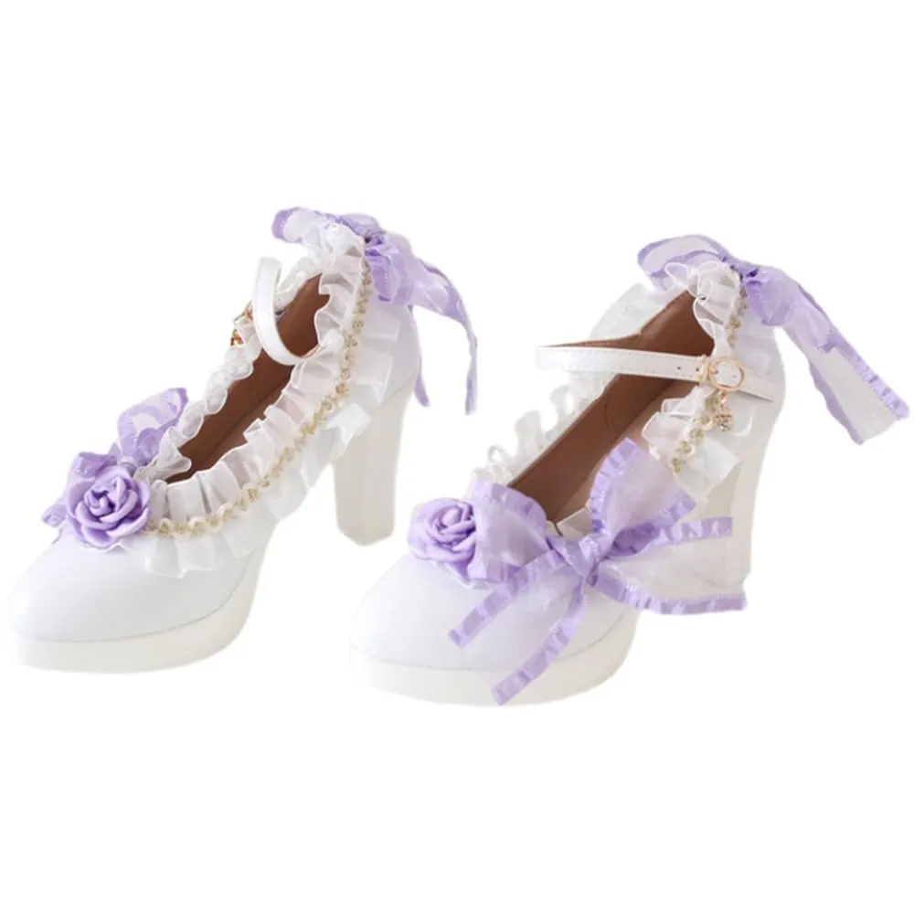 Lolita high heels lace bow high heels Elegant pointed sandals Bold heel Heel height 6cm (4.5, Purple)