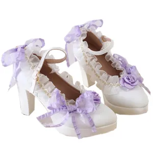 Lolita high heels lace bow high heels Elegant pointed sandals Bold heel Heel height 6cm (4.5, Purple)
