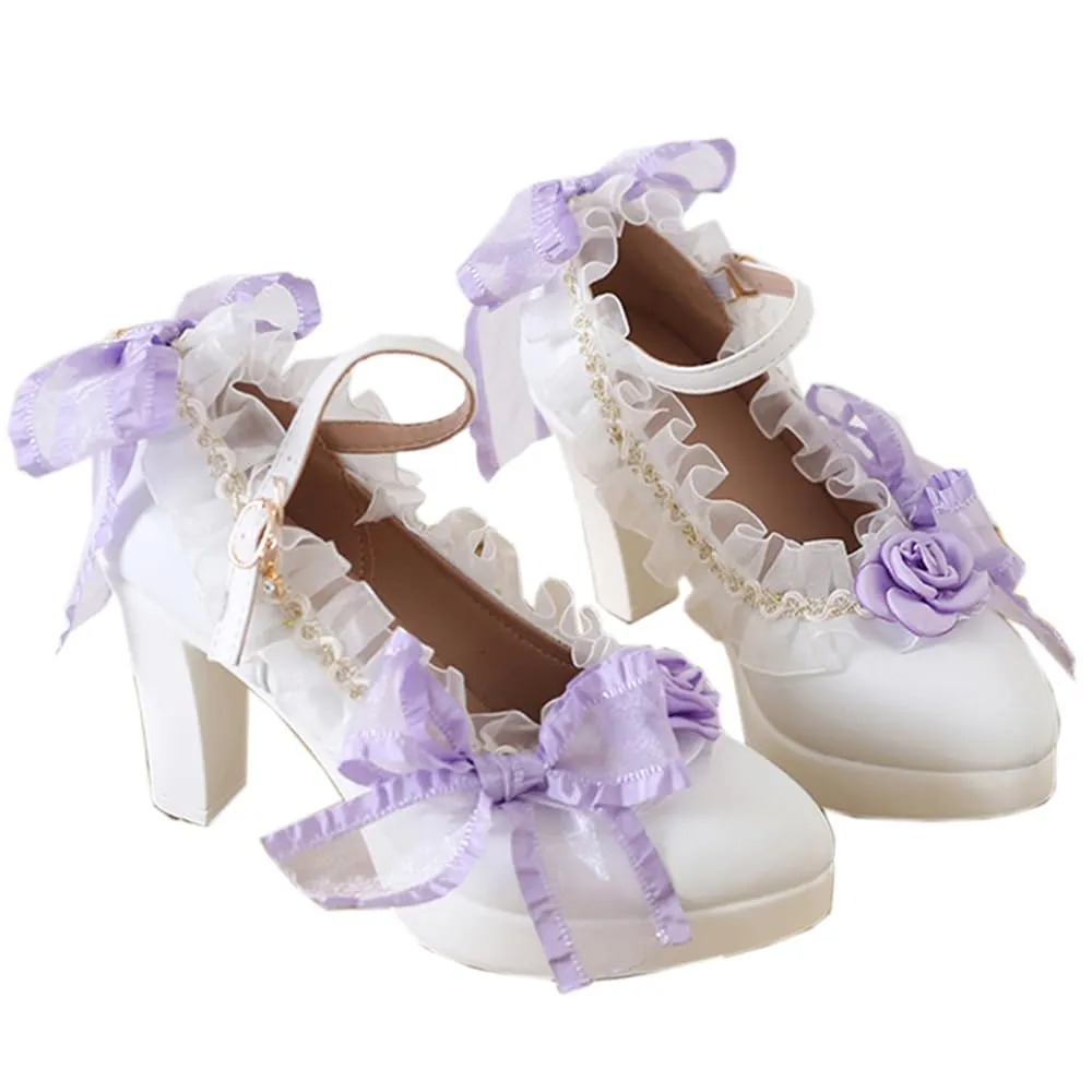Lolita high heels lace bow high heels Elegant pointed sandals Bold heel Heel height 6cm (4.5, Purple)