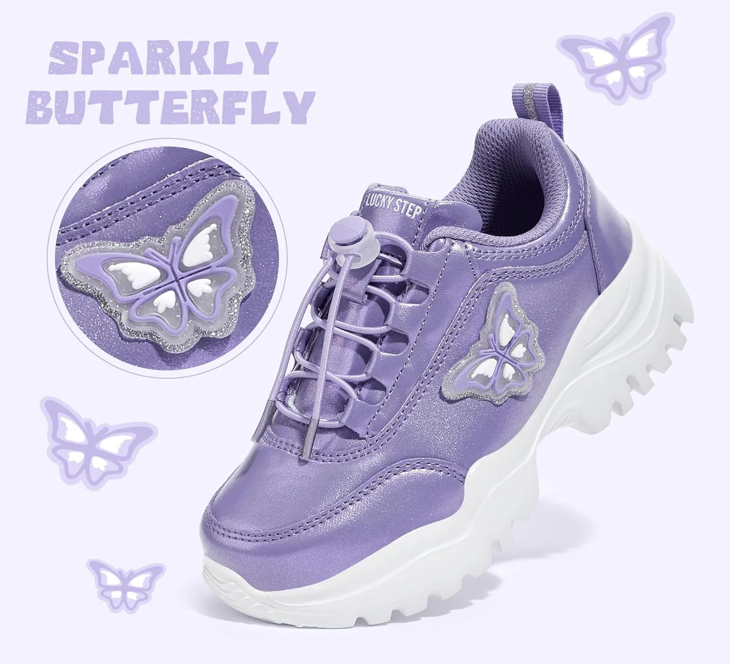 LUCKY STEP Kids Chunky Sneakers Fashion Platform Walking Tennis Shoe Sparkly Butterfly Faux Leather Elastic No-tie Laces School Shoes for Girls Boys