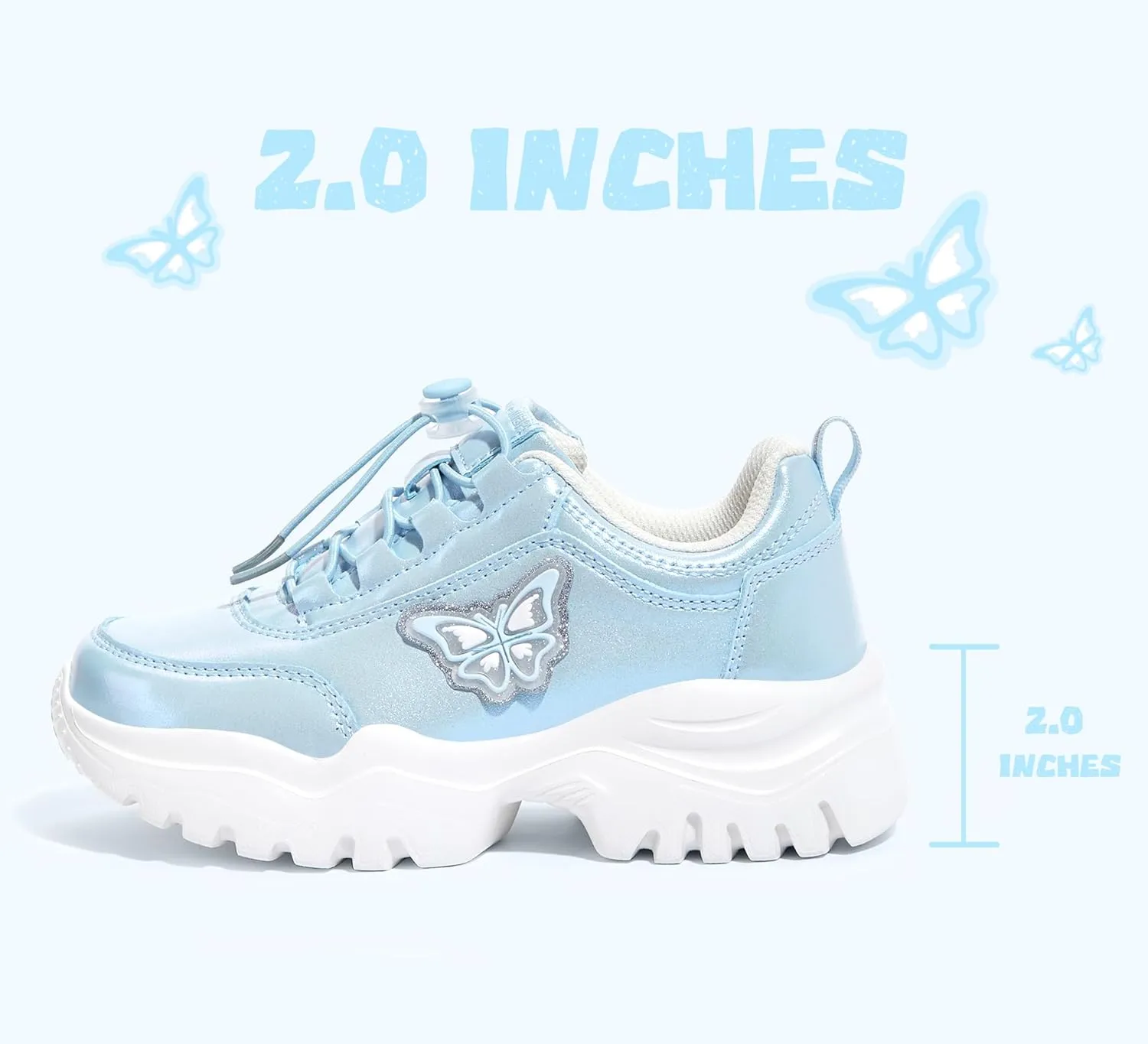 LUCKY STEP Kids Chunky Sneakers Fashion Platform Walking Tennis Shoe Sparkly Butterfly Faux Leather Elastic No-tie Laces School Shoes for Girls Boys