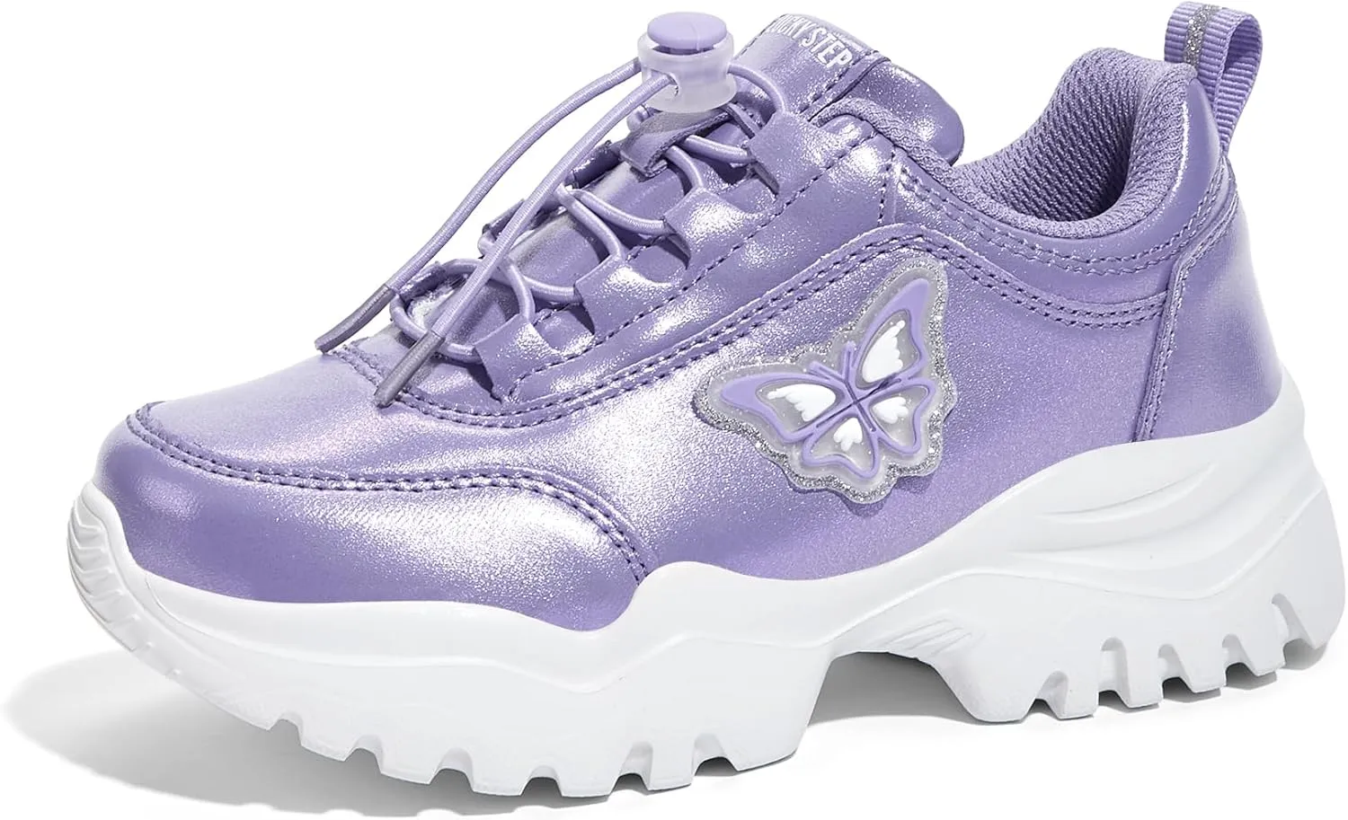 LUCKY STEP Kids Chunky Sneakers Fashion Platform Walking Tennis Shoe Sparkly Butterfly Faux Leather Elastic No-tie Laces School Shoes for Girls Boys