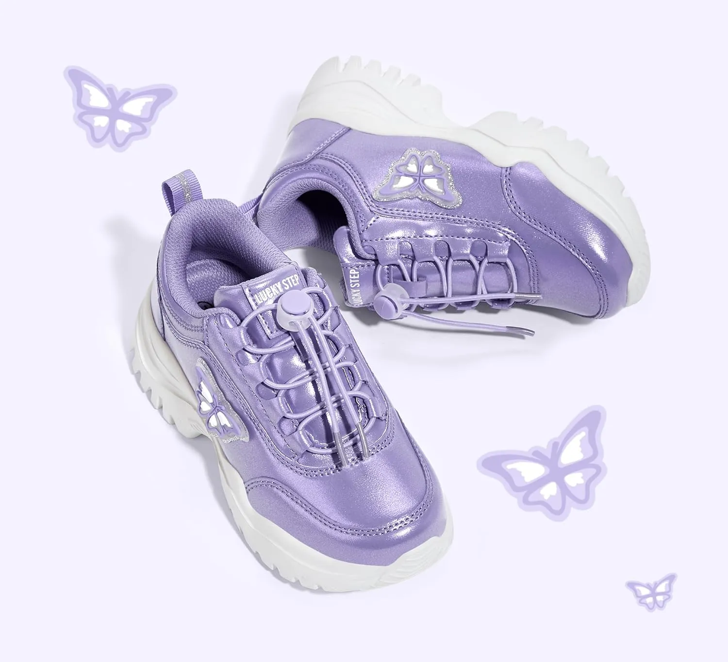 LUCKY STEP Kids Chunky Sneakers Fashion Platform Walking Tennis Shoe Sparkly Butterfly Faux Leather Elastic No-tie Laces School Shoes for Girls Boys