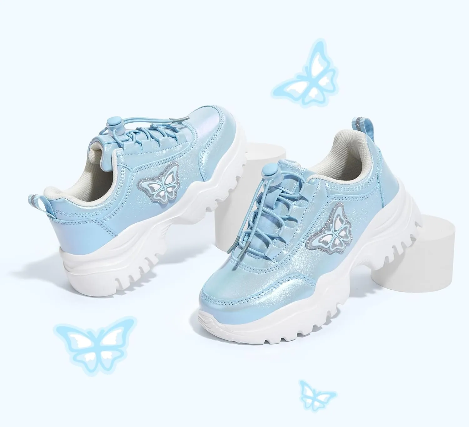 LUCKY STEP Kids Chunky Sneakers Fashion Platform Walking Tennis Shoe Sparkly Butterfly Faux Leather Elastic No-tie Laces School Shoes for Girls Boys