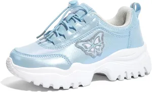 LUCKY STEP Kids Chunky Sneakers Fashion Platform Walking Tennis Shoe Sparkly Butterfly Faux Leather Elastic No-tie Laces School Shoes for Girls Boys