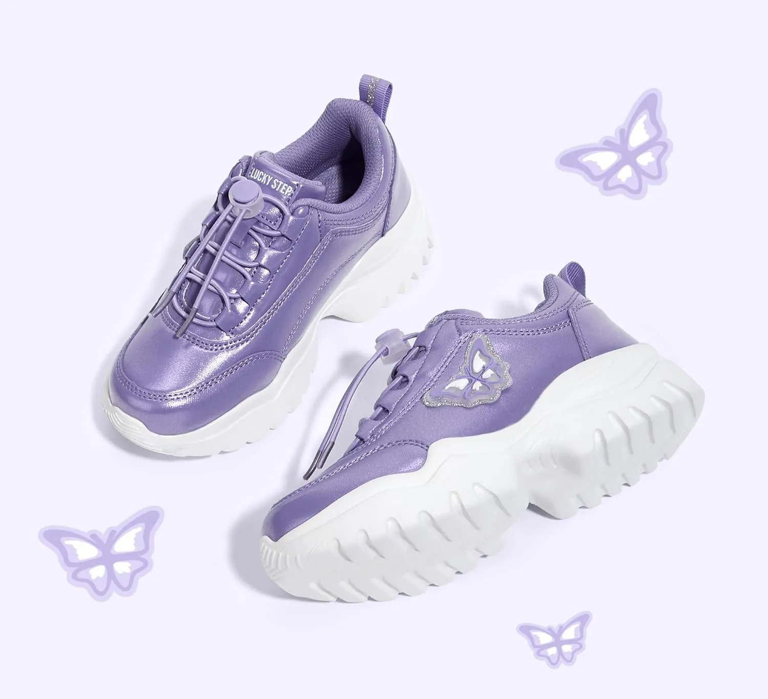 LUCKY STEP Kids Chunky Sneakers Fashion Platform Walking Tennis Shoe Sparkly Butterfly Faux Leather Elastic No-tie Laces School Shoes for Girls Boys