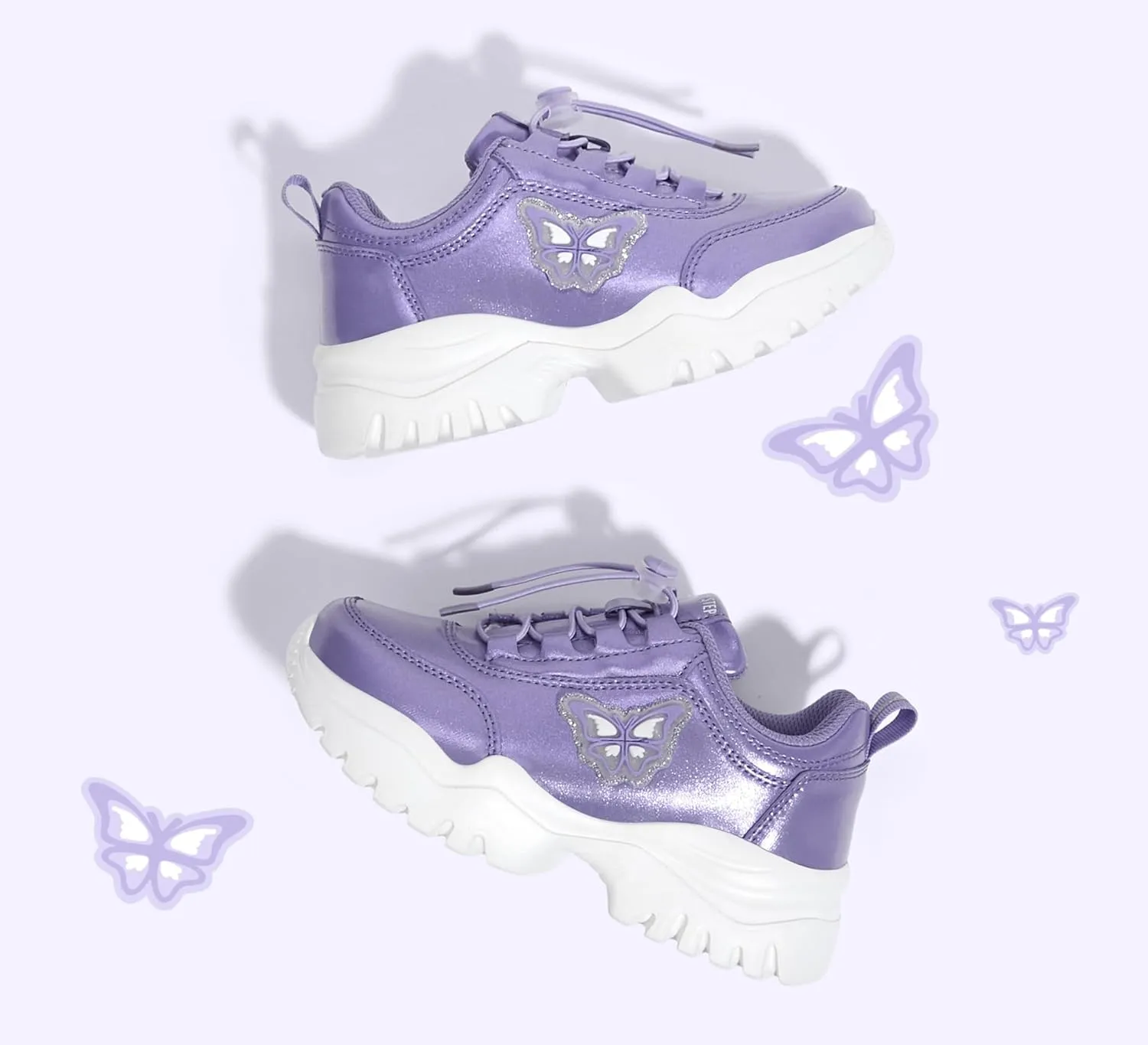 LUCKY STEP Kids Chunky Sneakers Fashion Platform Walking Tennis Shoe Sparkly Butterfly Faux Leather Elastic No-tie Laces School Shoes for Girls Boys