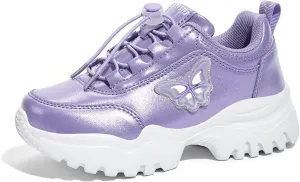 LUCKY STEP Kids Chunky Sneakers Fashion Platform Walking Tennis Shoe Sparkly Butterfly Faux Leather Elastic No-tie Laces School Shoes for Girls Boys