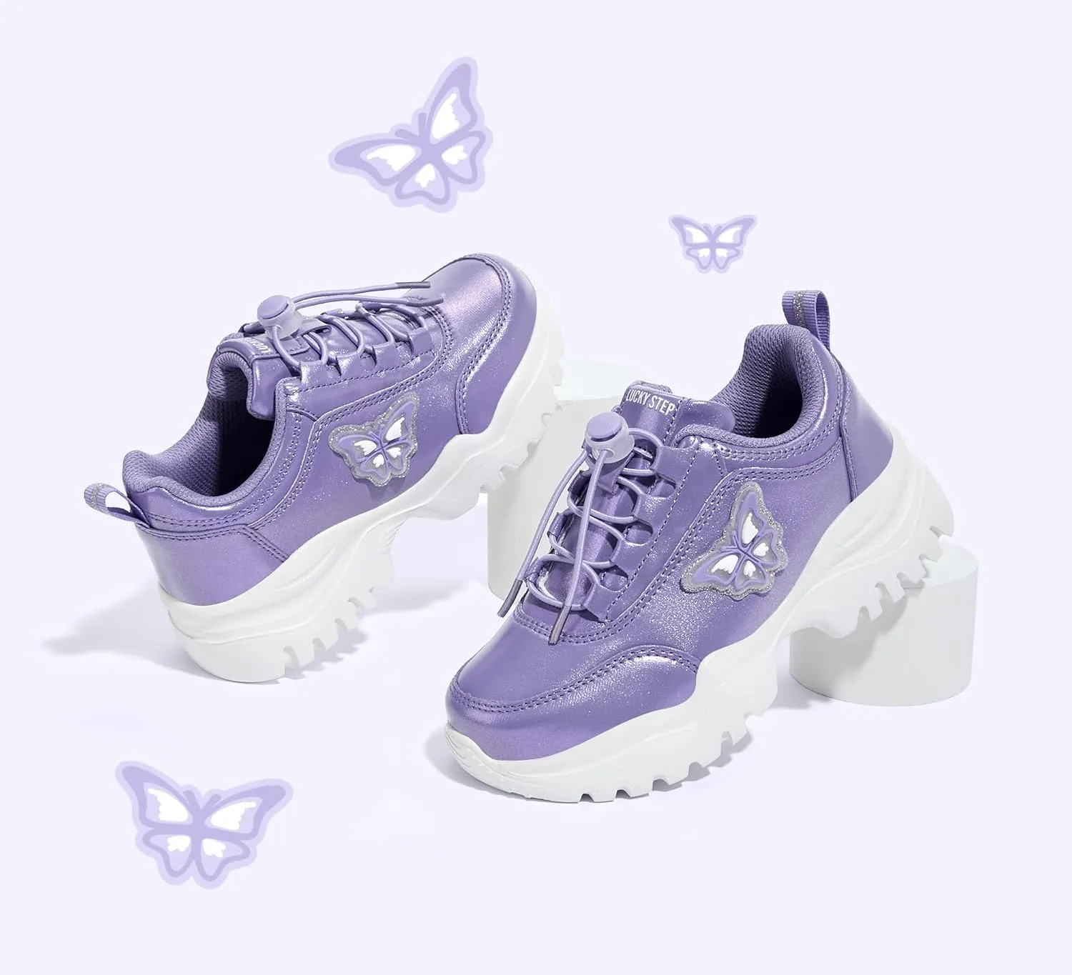LUCKY STEP Kids Chunky Sneakers Fashion Platform Walking Tennis Shoe Sparkly Butterfly Faux Leather Elastic No-tie Laces School Shoes for Girls Boys