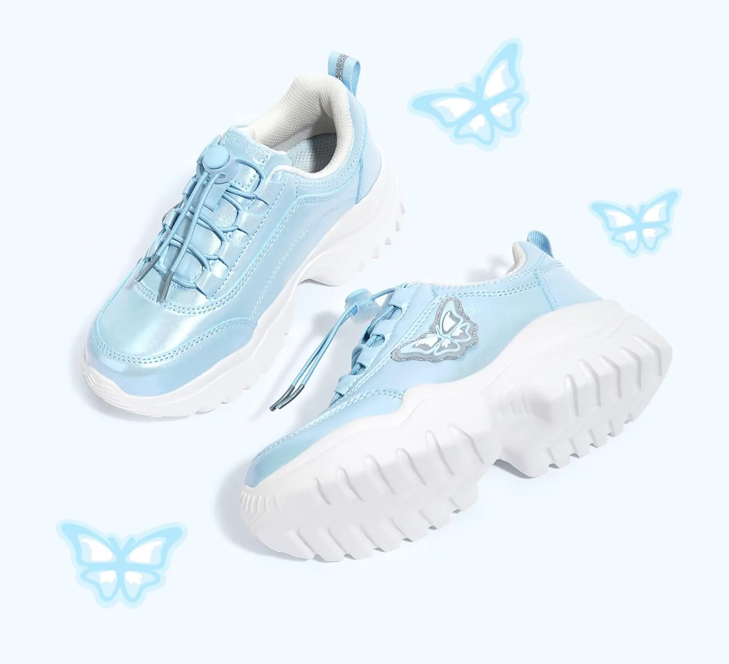 LUCKY STEP Kids Chunky Sneakers Fashion Platform Walking Tennis Shoe Sparkly Butterfly Faux Leather Elastic No-tie Laces School Shoes for Girls Boys