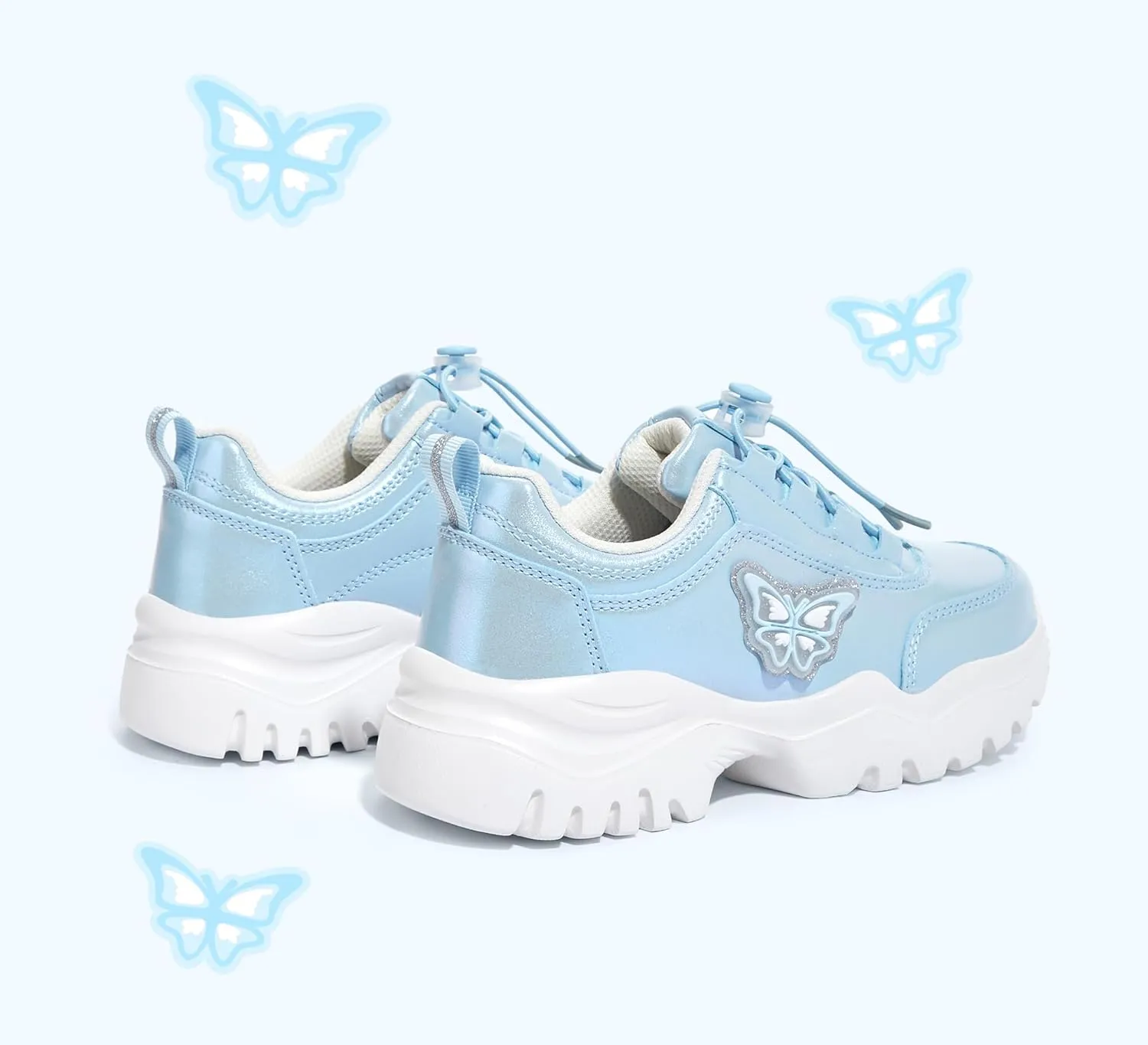 LUCKY STEP Kids Chunky Sneakers Fashion Platform Walking Tennis Shoe Sparkly Butterfly Faux Leather Elastic No-tie Laces School Shoes for Girls Boys