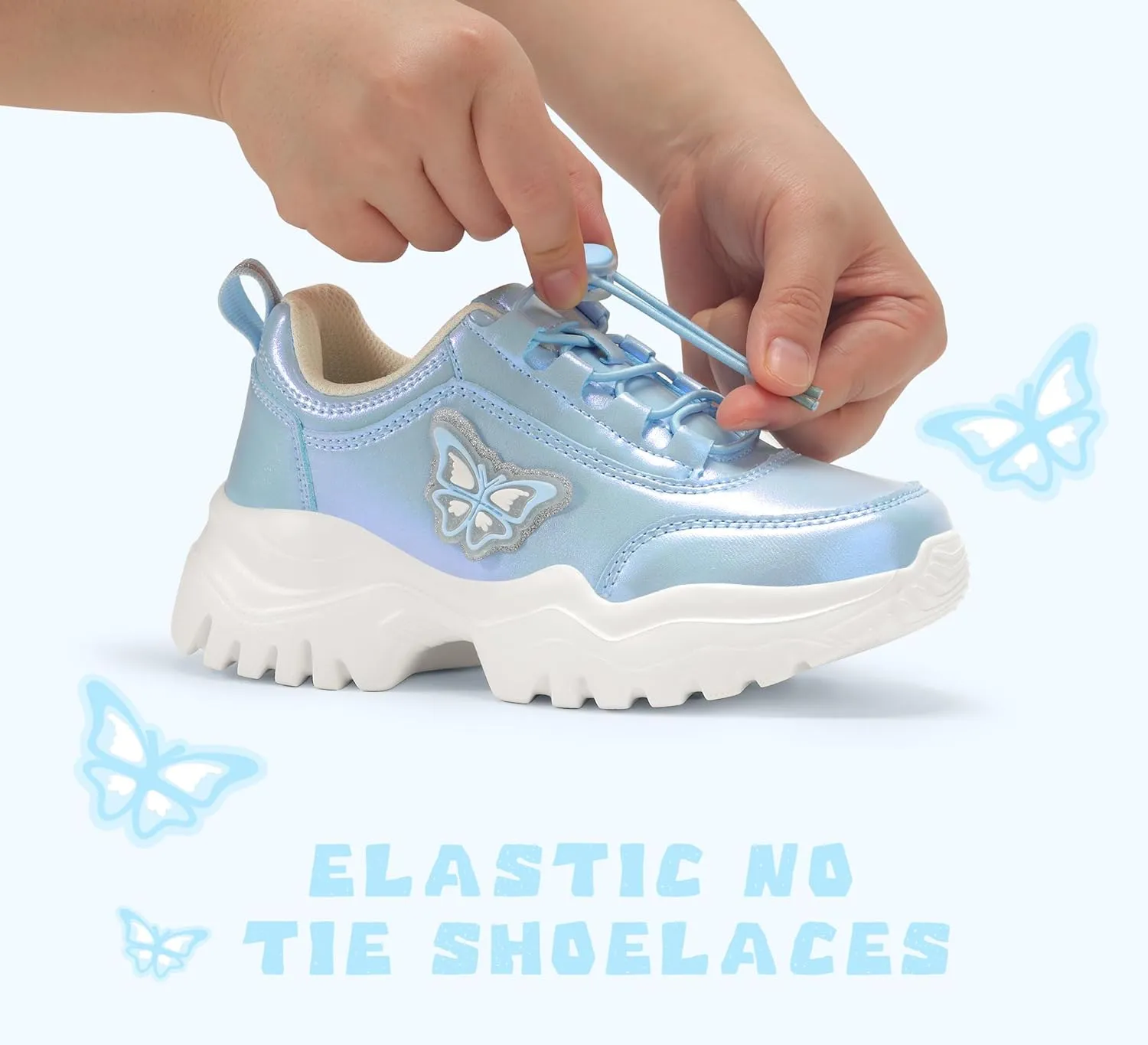 LUCKY STEP Kids Chunky Sneakers Fashion Platform Walking Tennis Shoe Sparkly Butterfly Faux Leather Elastic No-tie Laces School Shoes for Girls Boys