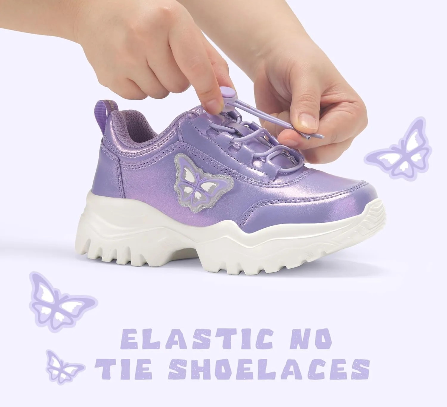 LUCKY STEP Kids Chunky Sneakers Fashion Platform Walking Tennis Shoe Sparkly Butterfly Faux Leather Elastic No-tie Laces School Shoes for Girls Boys