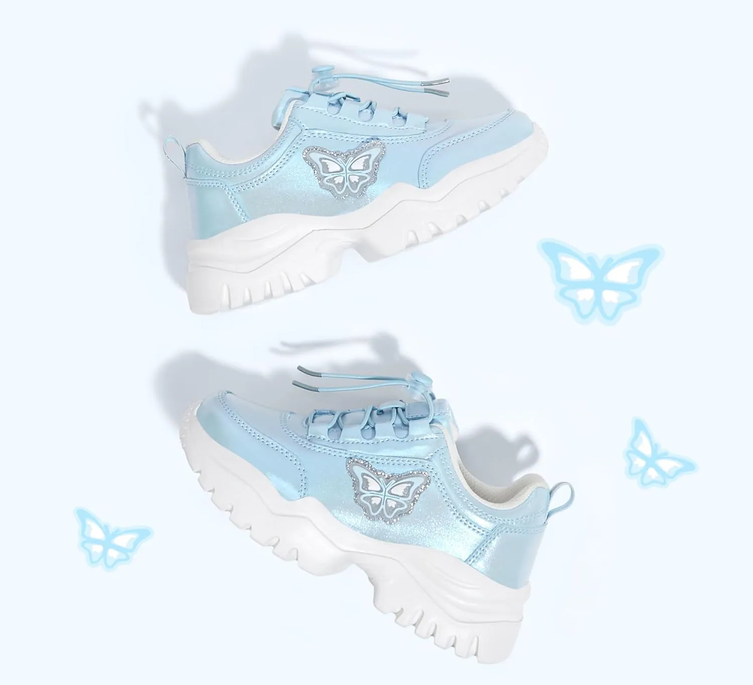 LUCKY STEP Kids Chunky Sneakers Fashion Platform Walking Tennis Shoe Sparkly Butterfly Faux Leather Elastic No-tie Laces School Shoes for Girls Boys
