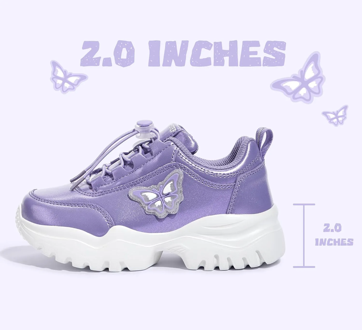LUCKY STEP Kids Chunky Sneakers Fashion Platform Walking Tennis Shoe Sparkly Butterfly Faux Leather Elastic No-tie Laces School Shoes for Girls Boys