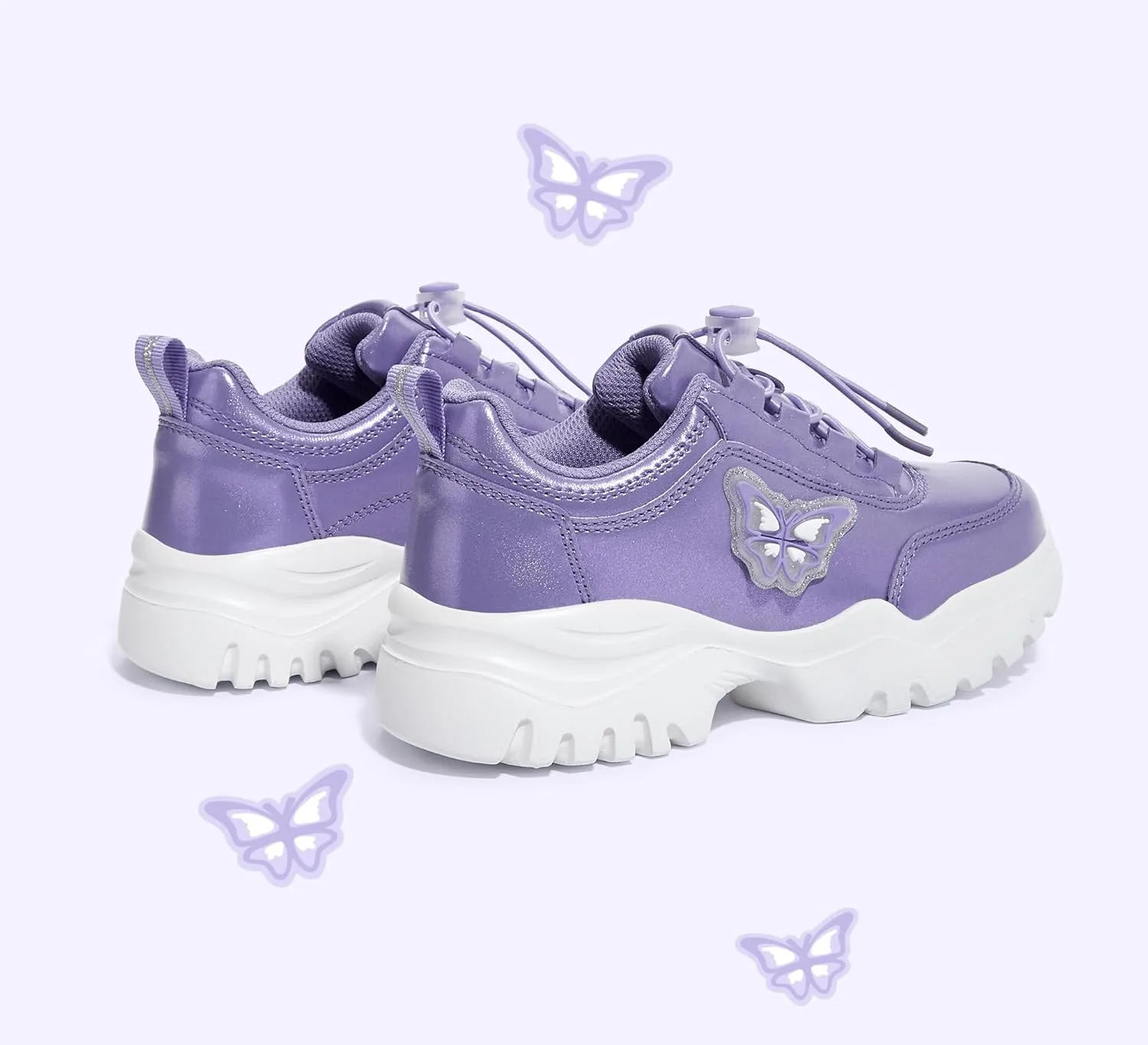 LUCKY STEP Kids Chunky Sneakers Fashion Platform Walking Tennis Shoe Sparkly Butterfly Faux Leather Elastic No-tie Laces School Shoes for Girls Boys