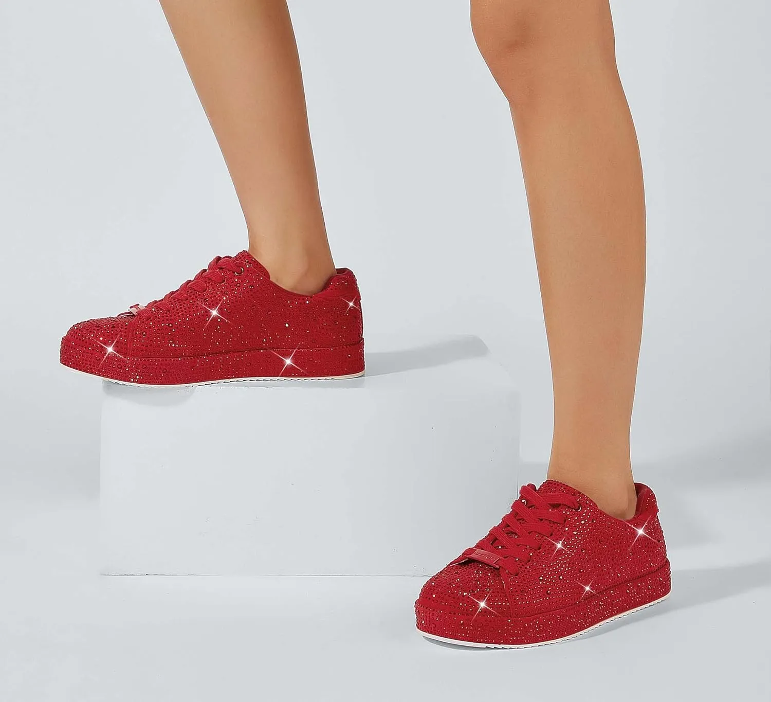 LUCKY STEP Platform Rhinestone Fashion Glitter Sneakers | Sparkly Bling Bedazzled Wedding Bridal Shiny Shoes for Women