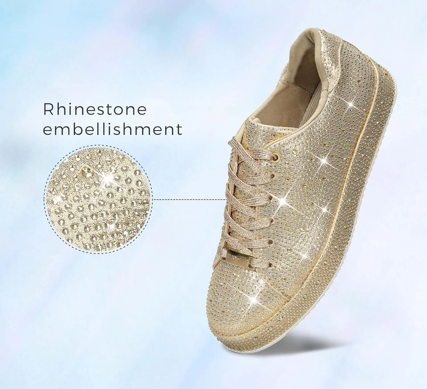 LUCKY STEP Platform Rhinestone Fashion Glitter Sneakers | Sparkly Bling Bedazzled Wedding Bridal Shiny Shoes for Women