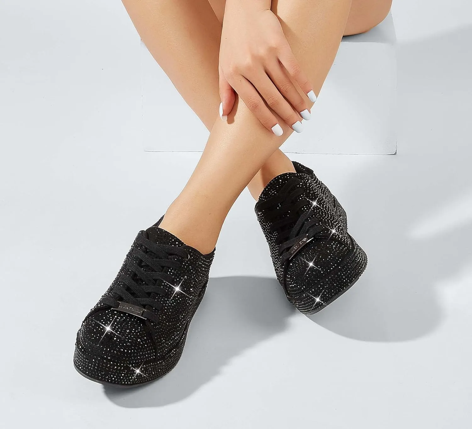 LUCKY STEP Platform Rhinestone Fashion Glitter Sneakers | Sparkly Bling Bedazzled Wedding Bridal Shiny Shoes for Women