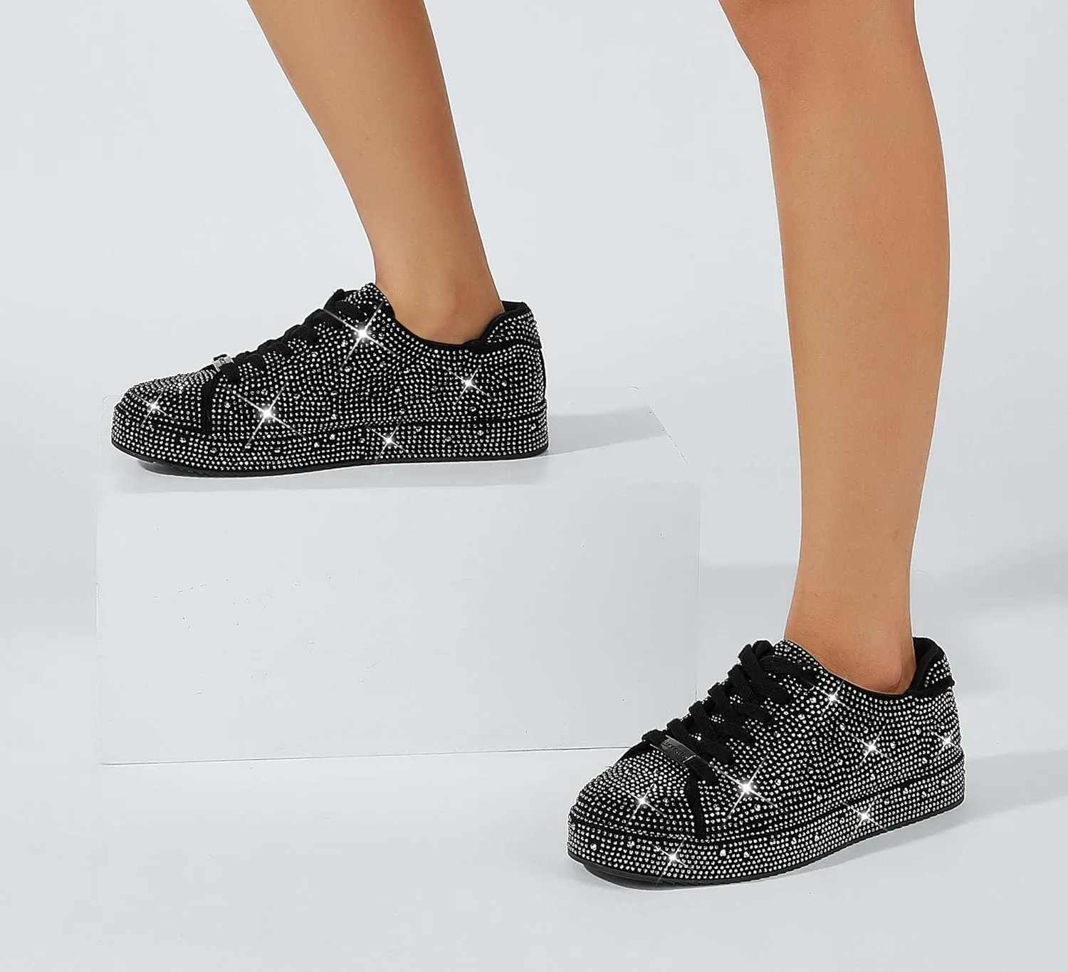 LUCKY STEP Platform Rhinestone Fashion Glitter Sneakers | Sparkly Bling Bedazzled Wedding Bridal Shiny Shoes for Women