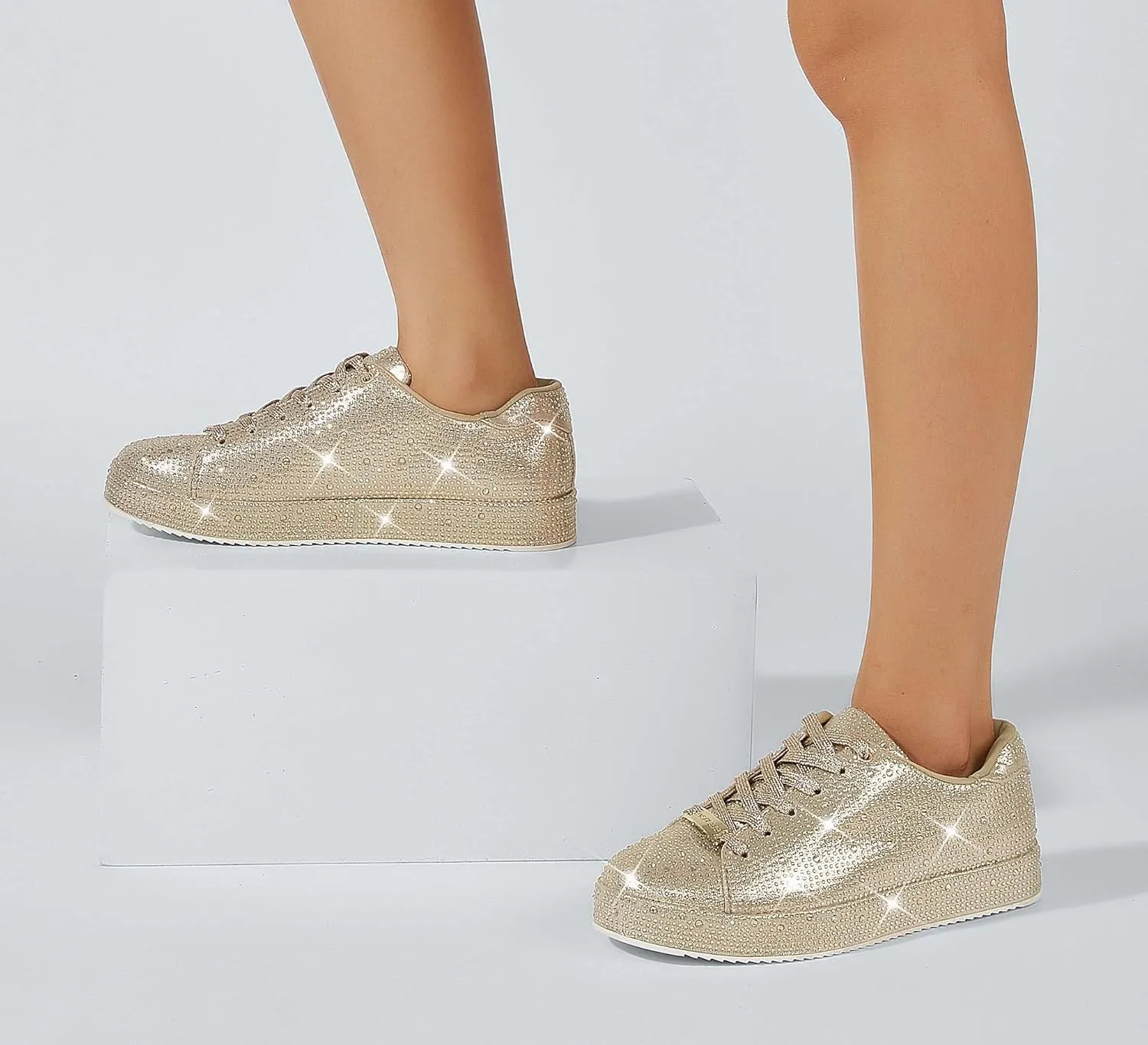 LUCKY STEP Platform Rhinestone Fashion Glitter Sneakers | Sparkly Bling Bedazzled Wedding Bridal Shiny Shoes for Women