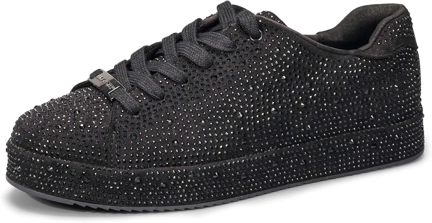 LUCKY STEP Platform Rhinestone Fashion Glitter Sneakers | Sparkly Bling Bedazzled Wedding Bridal Shiny Shoes for Women