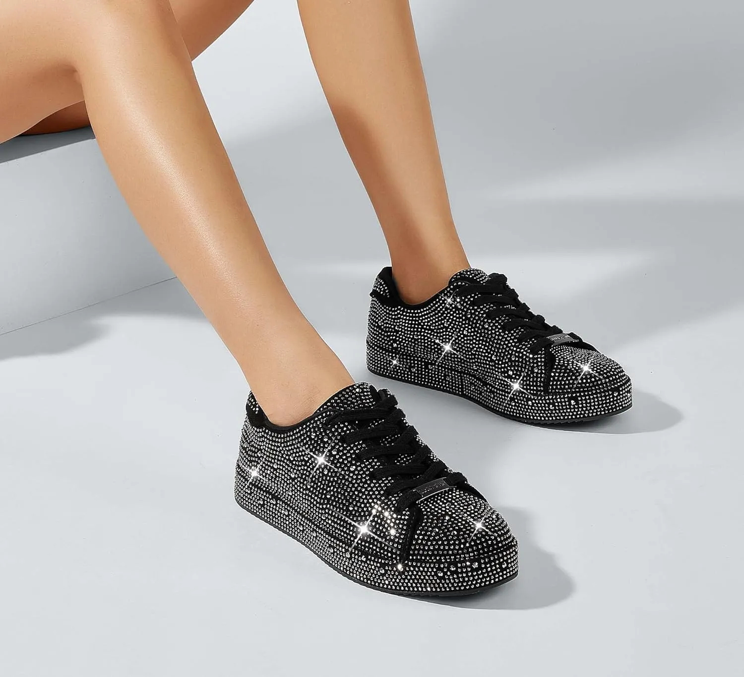 LUCKY STEP Platform Rhinestone Fashion Glitter Sneakers | Sparkly Bling Bedazzled Wedding Bridal Shiny Shoes for Women