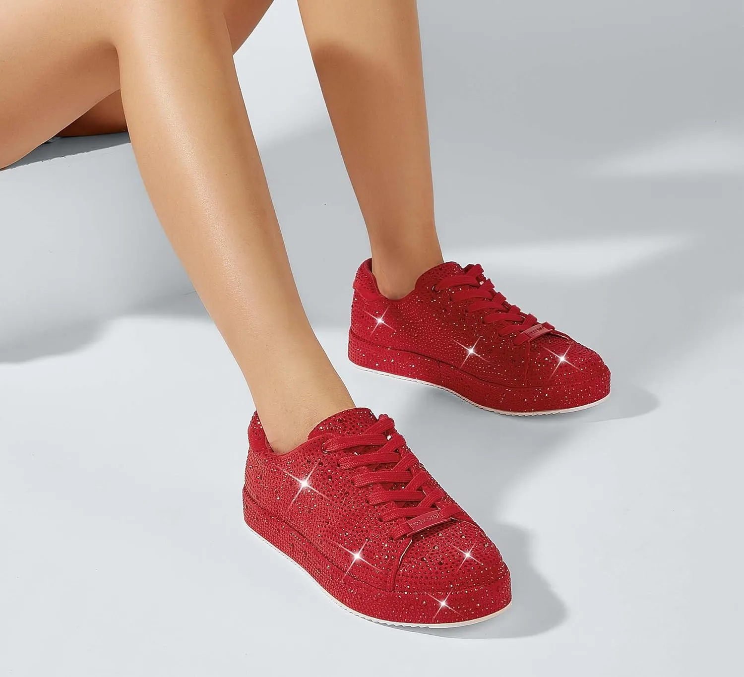 LUCKY STEP Platform Rhinestone Fashion Glitter Sneakers | Sparkly Bling Bedazzled Wedding Bridal Shiny Shoes for Women